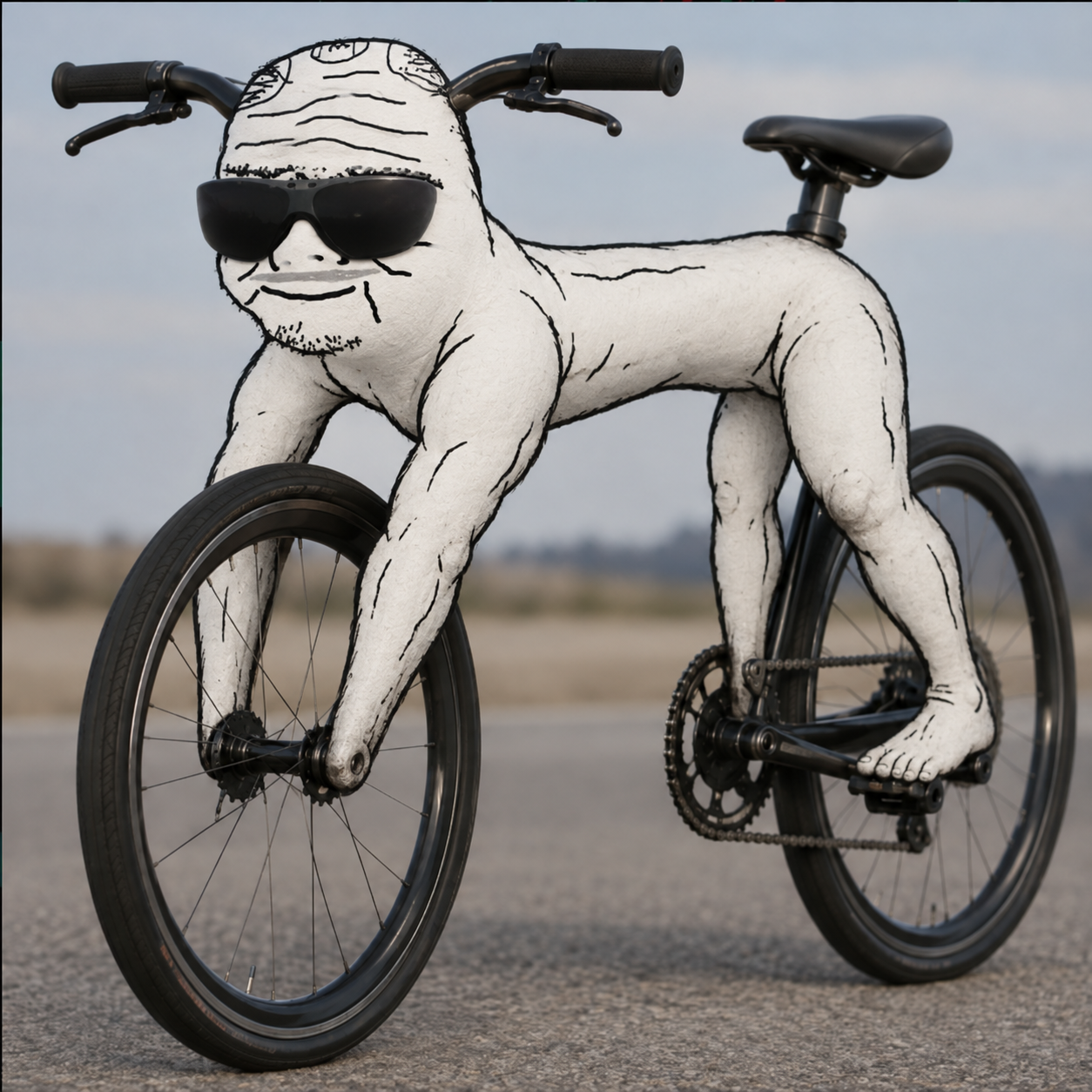 Bike Uncle riding a black bicycle in sunglasses